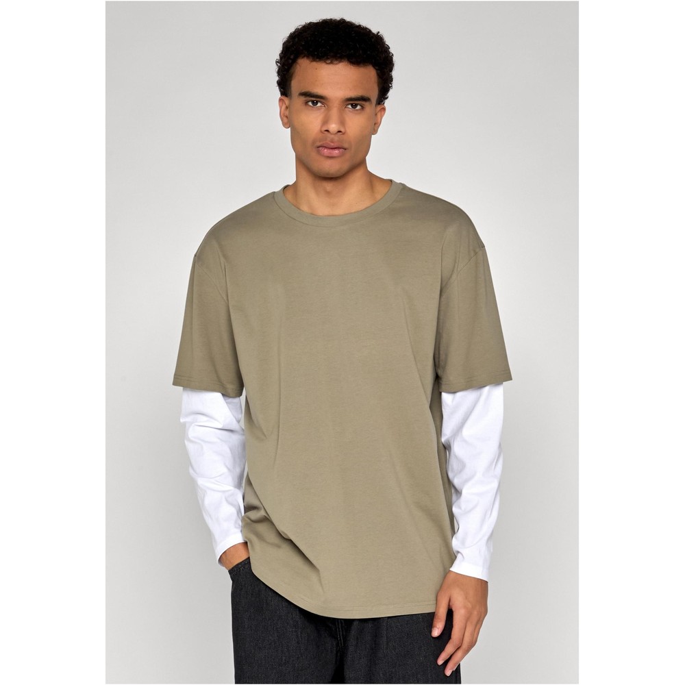 Urban Classics - Oversized Shaped Double Layer Top à manches longues - Olive verte/Blanc